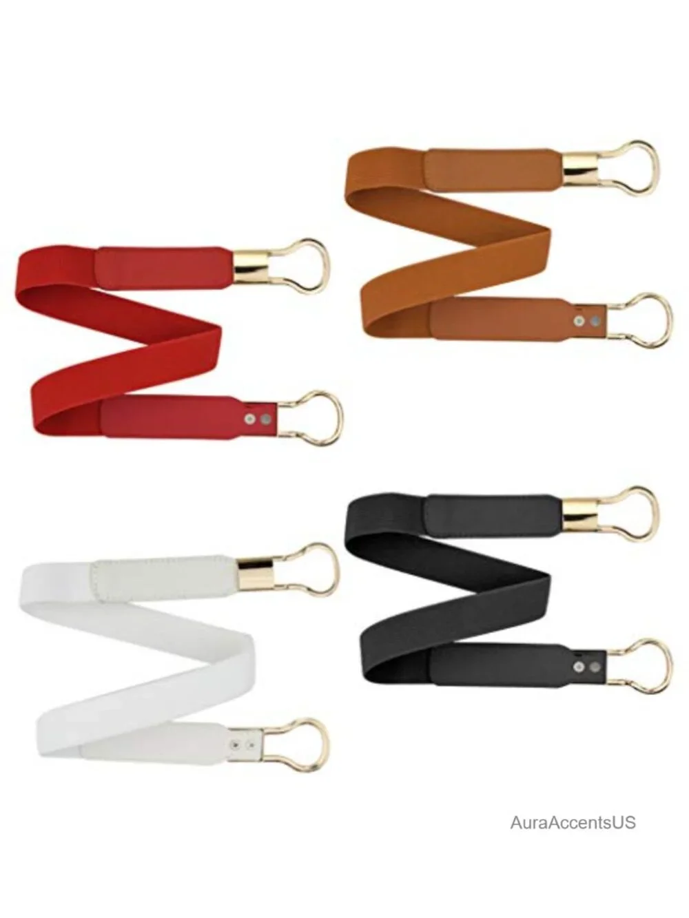 4pk Women Stretchy Faux Leather Waist Belt with Metal Buckle